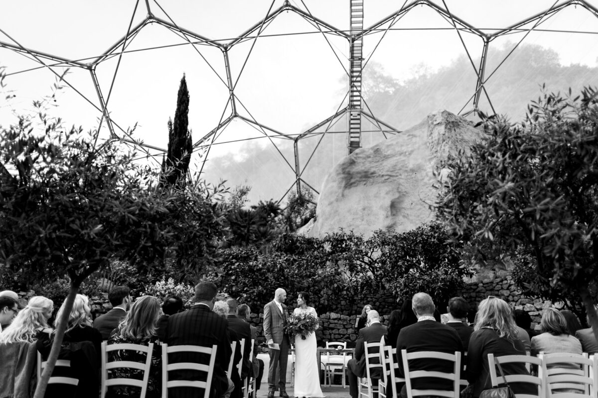 Black and white view looking up at the Eden Project Biome roof