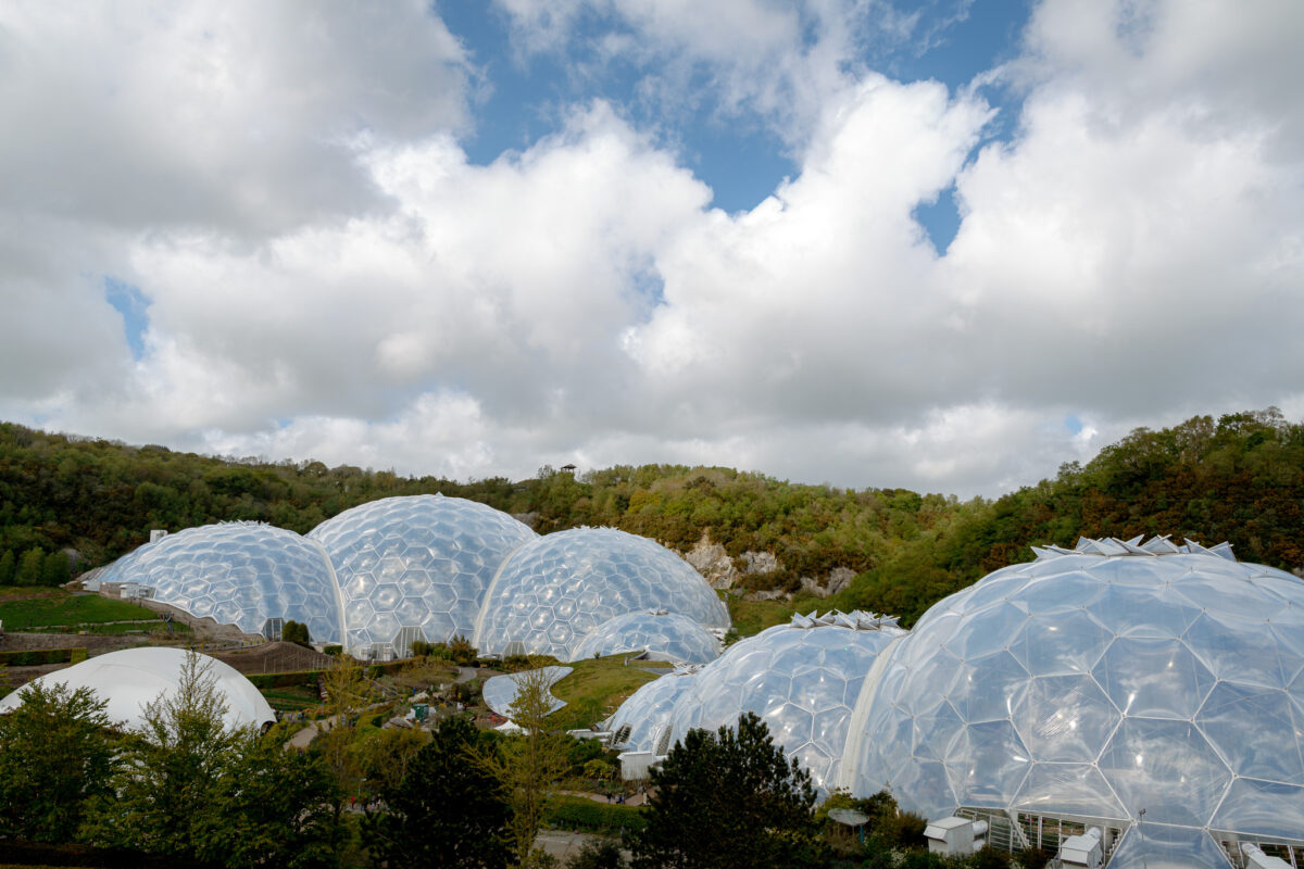 View of the Eden Project Biome and surrounding gardens in Cornwall