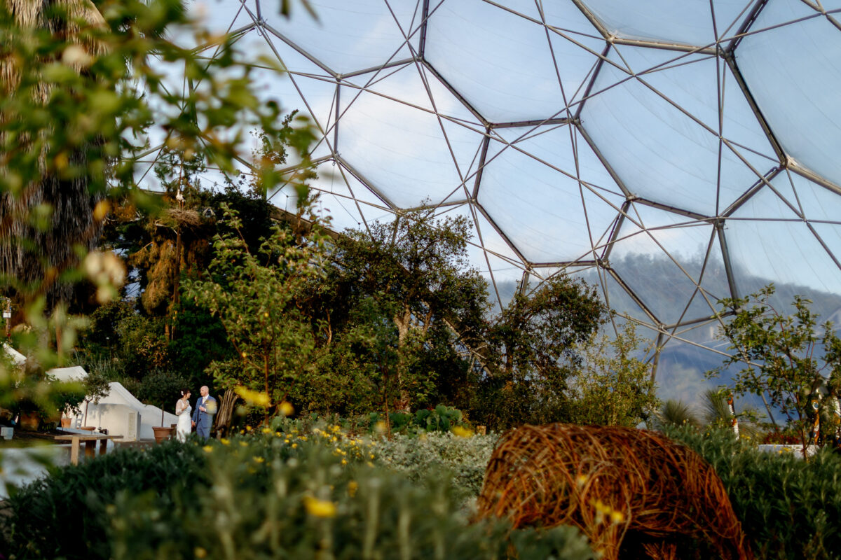 Bride and groom Looking up at the geometric glass roof inside the Eden Project Biome
