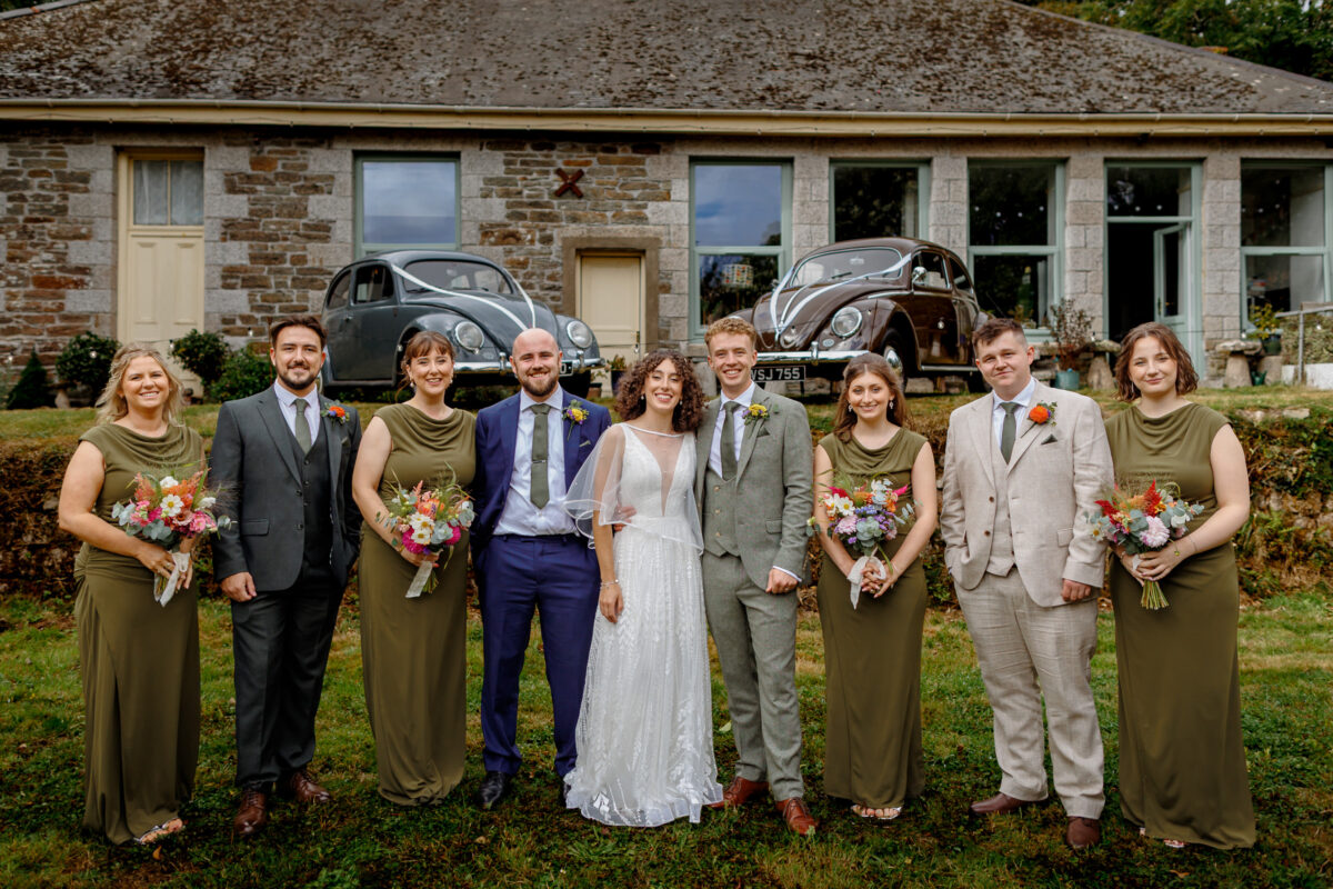 a family photo at a wedding