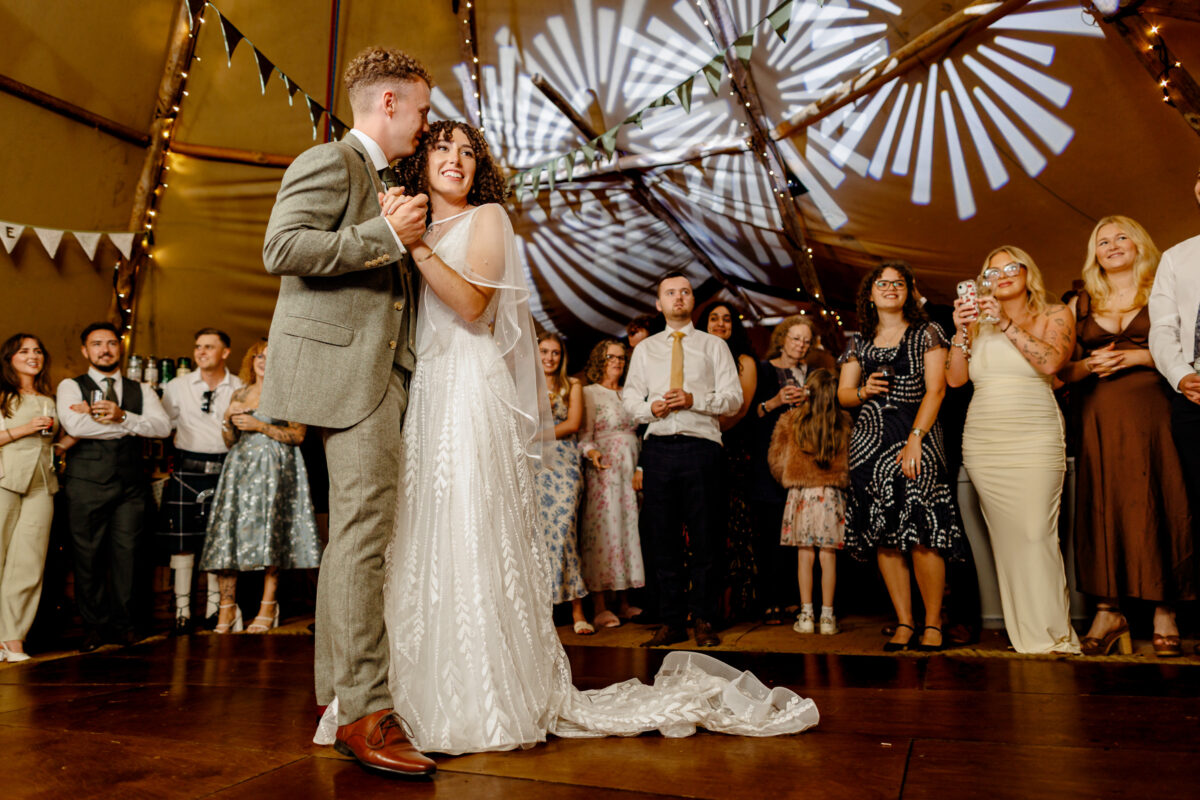 a wedding couple having their first dance